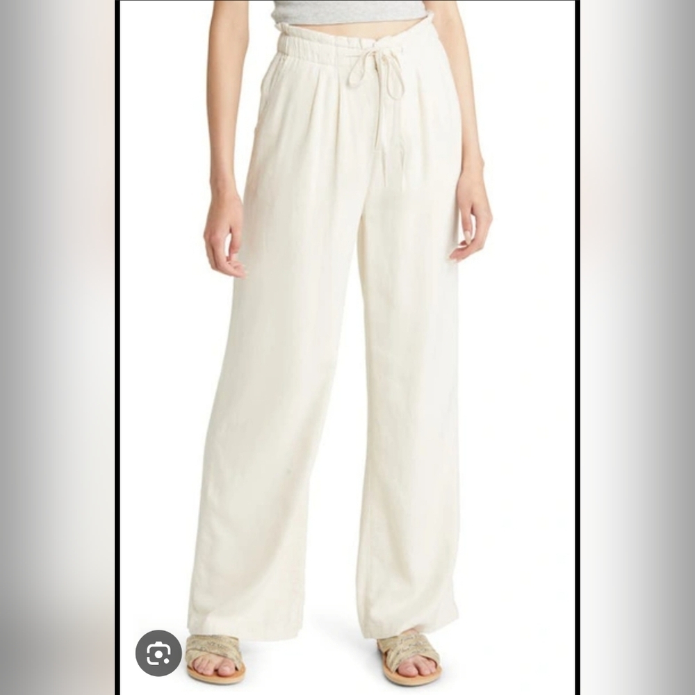 Thread + Supply High Rise Natural Wheat Wide Leg Linen Blend Pants Large - Picture 12 of 12